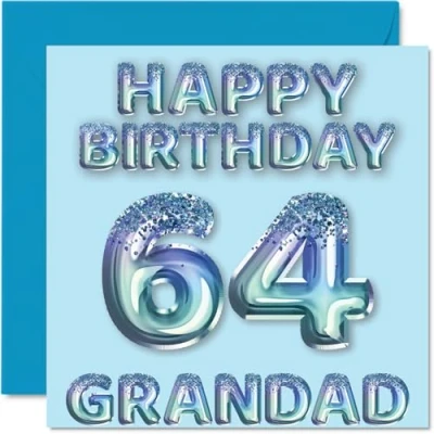 Image of 64th Birthday Card for Grandad Blue Glitter Party Balloons Happy Cards 64 Year Old from Grandson Granddaughter, 145mm x Bday Greeting Gift