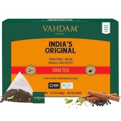 Image of VAHDAM, India&#039;s Original Masala Chai Tea (30 Pyramid Bags) Non GMO, Gluten Free, No Artificial Flavors Blended w/ Exotic Spices Bags Resealable Ziplock Pouch