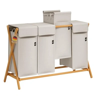 Image of AdelDream Laundry Basket 4 Compartments 200L Bamboo Hamper for Dirty Sorter Wooden Box Baskets with Lid X shaped Shelves (200L Light Grey)