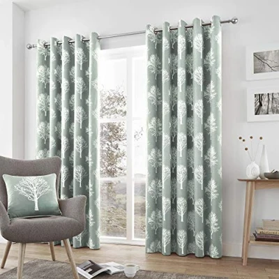Image of Fusion Woodland Trees 100 Percent Cotton Pair of Eyelet Curtains 46&quot; Width x 54&quot; Drop (117 137cm) in Duck Egg