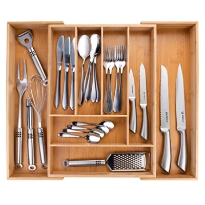 Image of alpina Cutlery Drawer Organizer Tray Extendable 46 x 34 56.5 6 cm Utensil with to 8 Compartments For Kitchen Utensils, Sunglasses and More Ecological Bamboo