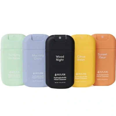 Image of HAAN Hydroalcoholic Hand Cleanser 30ml, Sanitiser Pack of 5, Available Scents Wood Night, Morning Glory, Sunset Fleur, Citrus Noon, Purifying Verbena
