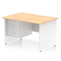 Image of Impulse 1200 x 800mm Scalloped Edge Straight Office Desk Maple Top White Panel End Leg Workstation 1 3 Drawer Fixed Pedestal