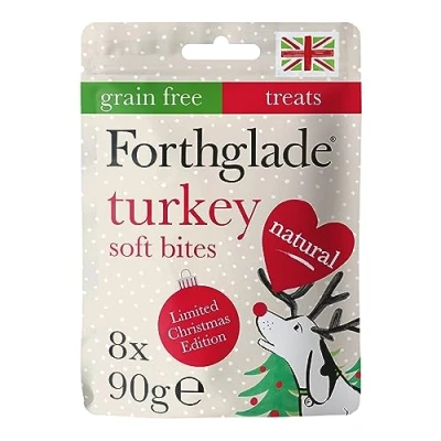 Image of Forthglade Christmas Natural Dog Treats (8 x 90g Bags) Hypoallergenic &amp; Grain Free with Turkey, Hand Baked Soft Bites, Resealable Bags