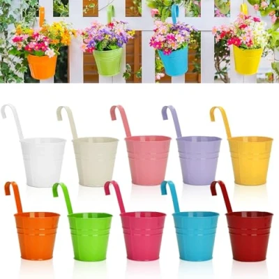 Image of KINGLAKE 10Pcs 10cm Metal Hanging Plant Pots with Detachable Hook, Colored Fence Flower Garden Planter Bucket holder for Balcony Railing Home Décor