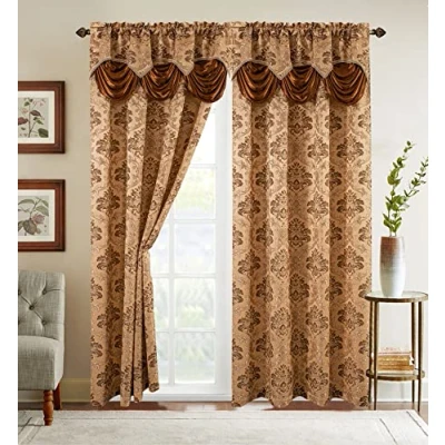 Image of Elegant Comfort Jacquard Look Curtain Panel Set with Attached Waterfall Valance, (Set of 2), 54 x 84 Inches, Gold/Brown