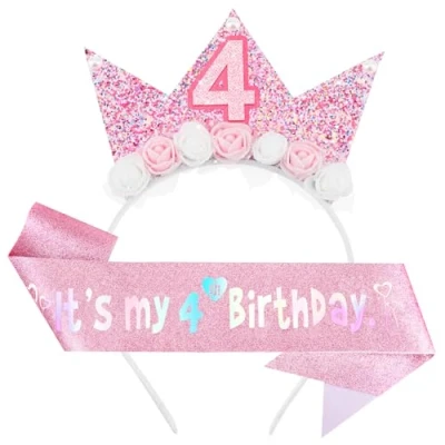 Image of DRESHOW Birthday Sash and Tiara for Girls Princess Crown Girl Headband Happy Headpiece Glitter Hair Band Decorations