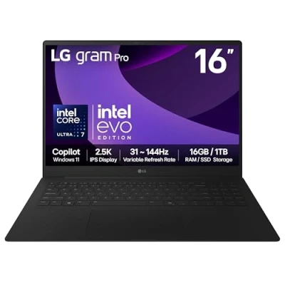 Image of LG gram Pro 2025 16Z90TP G 16 inch Ultra Lightweight Laptop, Intel Core 7 Processor, 16GB RAM, 1TB SSD, hybrid AI, Copilot, Windows 11 Home (Obsidian Black)