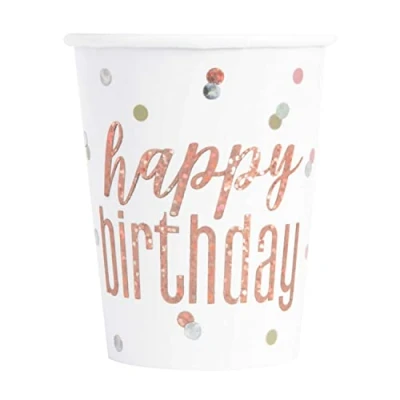 Image of Unique 82245 Paper Cups 266 ml Glitz Foil Rose Gold Pack of 8, Happy Birthday