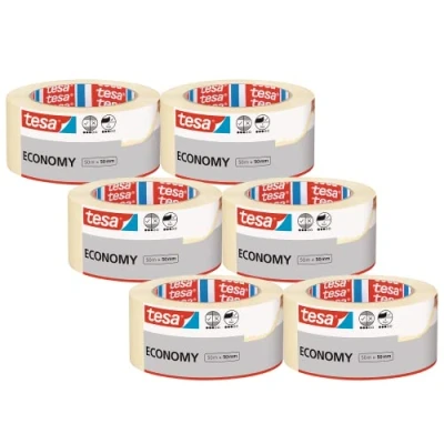 Image of tesa UK Masking Tape ECONOMY EcoLogo Painters Tape, 4 Days Residue Free Removal, Without Solvent Narrow, 6x 50 m x mm, Clear