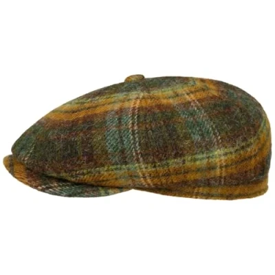 Image of Stetson Hatteras Shetland Plaid Flat Cap Men Newsboy with Peak, Lining Winter Autumn XXL (62 63 cm) Olive