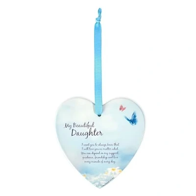 Image of Daughter Hanging Heart Ceramic Sentiment Plaque Gift Idea Loving &amp; Inspirational Words Support, Guidance and Friendship Floral Butterfly Design