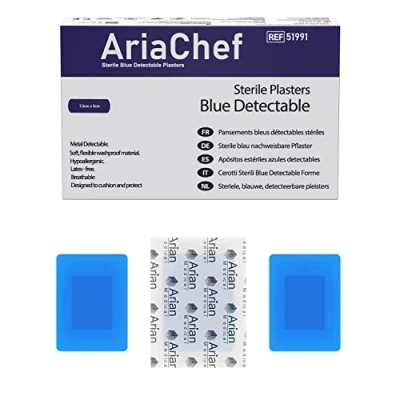 Image of Ariachef First aid plasters Waterproof Assorted Premium Fabric Sterile Pack of 50 7.2cm x 5cm Blue Catering Supplies