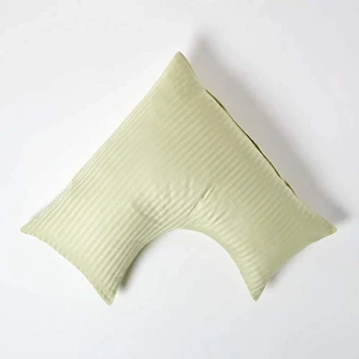 Image of HOMESCAPES Sage Green Pure Egyptian Cotton V Shape Pillowcase 330 TC 500 Thread Count Percale Equivalent Satin Stripe Pillow Case For Nursing Pregnancy and Elderly
