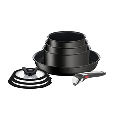 Image of Tefal Ingenio Unlimited ON 8 piece Non Stick Induction Pan Set, 28 cm Frying Pan, 16&amp;18&amp;20 Saucepans, Glass Lids, 1 Bakelite Removable Handle, Easy Cleaning, Black, L3959053