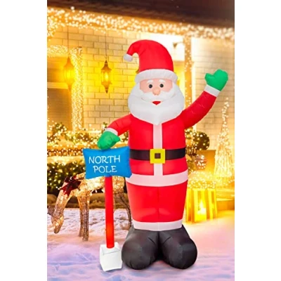 Image of 6ft Inflatable Hand Waving Santa Clause with North Pole Sign Board Pre Lit Mains Powered White LED Lights Christmas Props Outdoor Garden Decoration