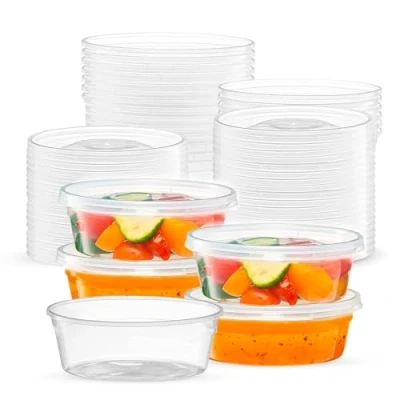 Image of CHEF ROYALE 50 x 8oz Plastic Round Clear Tub Containers With Lids Microwave Safe Pots Meal Prep &amp; Takeaway Storage Box Freezer Dishwasher (50, 8oz)