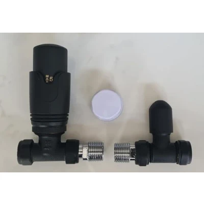 Image of Team Controls Matt Black Straight Towel Rail Thermostatic Radiator Valves TRV &amp; Lockshield Pack Set Pair TC TRVSB