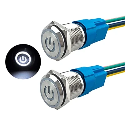 Image of Aiqeer 2 Pcs 16 mm Self locking Latching Push Button Switch, 12V / 24V 5A Car Ignition Starter IP67 Waterproof Stainless Steel with Pre Wired Socket (White LED)
