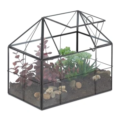 Image of Relaxdays Plant Terrarium, Glass &amp; Copper, 21 x 23 14 cm, Decorative House, Cacti Moss, Box Windowsill, Black