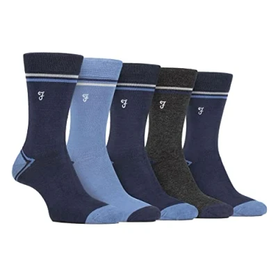 Image of Farah Mens 5 Pack Natural Organic Bamboo Bright Striped Patterned Socks (6 11, Navy Blue)