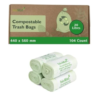 Image of bioMat Compostable 20l Food Waste Bags with Carrying Handle, 104 Bags, Premium Quality, DIN+ certified, Climate Neutral, Made in Germany