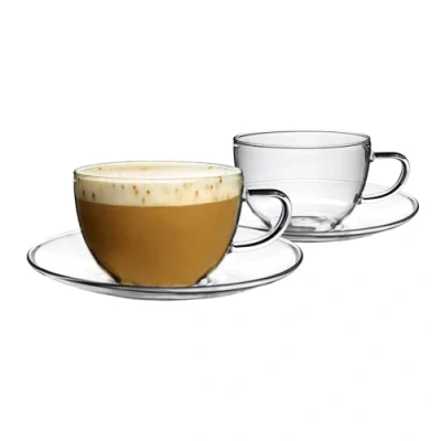 Image of Argon Tableware Clear Glass Cappuccino/Tea/Coffee Cup &amp; Saucer 260ml (9.1oz) Pack of 2