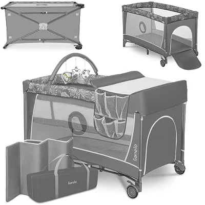 Image of Lionelo Flower 2in1 Travel Cot and Playpen with Changing Table for Newborns Toddlers 0 36kg 2 Level Mattress Height Mesh Walls Side Entry Toy Bar LockGuard Safety Quick Fold