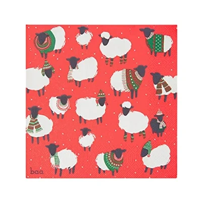 Image of Talking Tables Pack of 20 Sheep Christmas Napkins Red Paper Serviettes for Xmas, Boxing Day, Winter Dinner Party, Decoupage