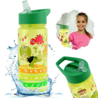 Image of 1x Crazy Dino 500ml Summer Water Bottle for Kids, Straw Sipper Kids Drink BPA Free, Leak Proof, Flip Top Lid Traveling Bottles Camping School and Picnic