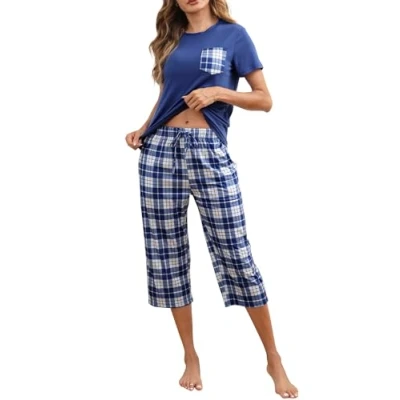 Image of Reliwel Women&#039;s Pyjamas Cotton Summer Short Sleeve Pajamas for Women Two Piece Soft and Lightweight Plaid Pants Set Sleepwear S XXL, blue, XXL