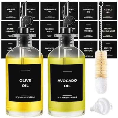 Image of Spaceneat Olive Oil Dispenser Bottle for Kitchen, Coffee Syrup Elegant Bottles Kitchen Glass Cooking Dispenser, Container, Cruet with Pourer Spout Set of 2pcs, Black