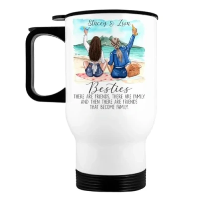 Image of EKAM Personalised Travel Mug for Best Friend or Sister 14oz Stainless Steel Insulated Tea/Coffee Heartfelt Message &amp; Outfit Choices Friendship Gift BFF Birthday Her, Christmas