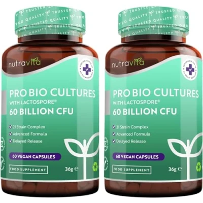 Image of 60 Billion CFU Probiotic Cultures (2 Packs of 60) Scientifically Backed Lactospore® for Good Gut Flora Enteric Coating to Ensure Probiotics are Delivered Directly The UK Made by Nutravita