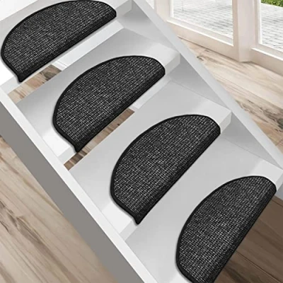 Image of FLODI. Carpet Stair Mats, Carlton, Set of 15 Pieces, Self Adhesive Anti Slip Tread Staircase Step Mats Runner Pads (Anthracite, Semicircular 23 x 65 cm)