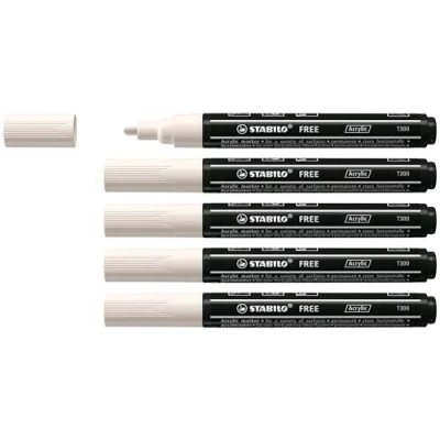 Image of Acrylic Marker STABILO FREE ARTY T300 Round Tip 2 3mm Pack of 5 Pure White