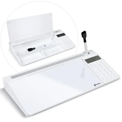 Image of Varhomax Glass Desk Whiteboard with Calculator, Desktop Dry Erase White Board Storage, Buddy to Do List Memo Notepad for Home and Office