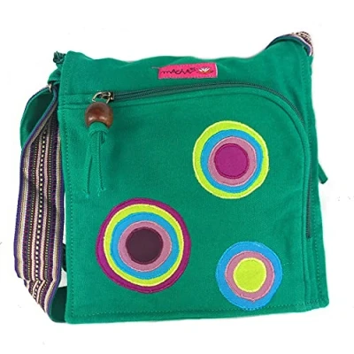 Image of Fabric bag with embroidery. Cotton shoulder For Women Indian style colorful Rabat Boho, Hippie (Emerald)