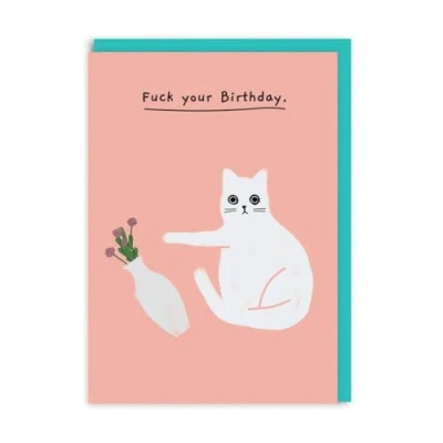 Image of Funny Birthday Card Naughty Cat Vase Rude Illustrated Greeting