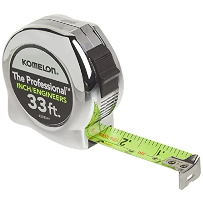 Image of Komelon 433IEHV High Visibility Professional Tape Measure Both Inch and Engineer Scale Printed 33 feet by 1 Inch, Chrome