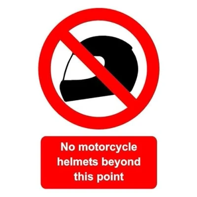 Image of No motorcycle helmets beyond this point safety sign Self adhesive sticker (200mm x 150mm)