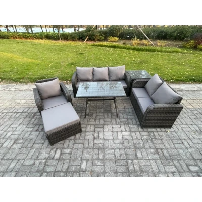 Image of 7 Seater Outdoor Rattan Garden Furniture Set Patio Lounge Sofa with Dining Table Big Footstool Side Dark Grey Mixed Fimous
