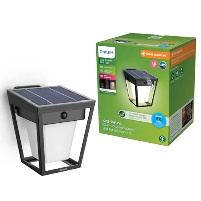 Image of PHILIPS Nissa UltraEfficient Outdoor Solar Wall Light with Sensor, 3000K, 250/25lm, Black​
