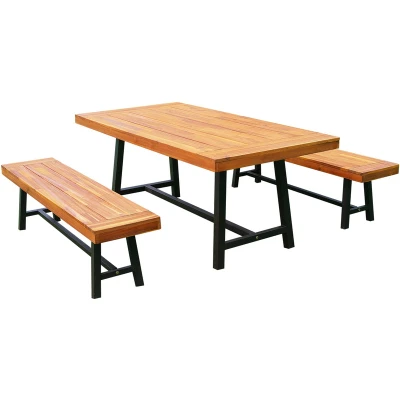 Image of Outsunny Garden 3 Pieces Acacia Wood Picnic Dining Set Outdoor Indoor Furniture Natural