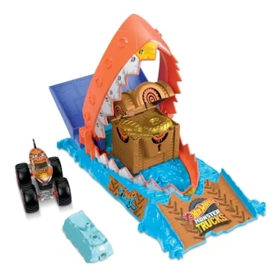 Image of Hot Wheels Monster Trucks Arena Smashers Treasure Chomp Challenge Playset with 1:64 Scale Tiger Shark Toy Truck &amp; 1 Crushed Car, HTP17