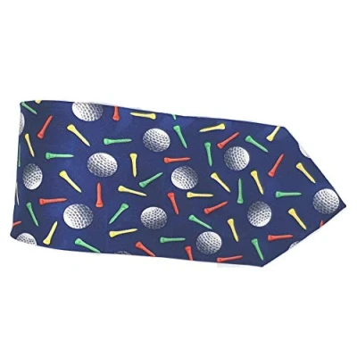 Image of Farm Cottage Brands Navy Blue luxury silk golf tie adorned with balls and tees