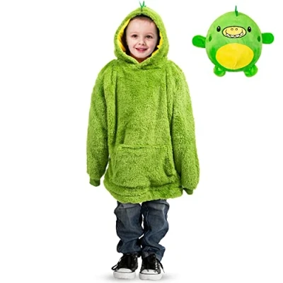 Image of ASAB Kids Oversized 2 in 1 Plush Hoodie Blanket with Pet Toy Wearable Animal Snuggle Hooded Soft Warm Giant Pocket For Girls Boys (Green Dino)