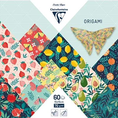 Image of Clairefontaine Ref 95357C Origami Paper (Pack of 60 Sheets) 15 x 15cm in Size, 70gsm Paper, Printed Design on Front &amp; Plain Backs Fruity Garden Patterns