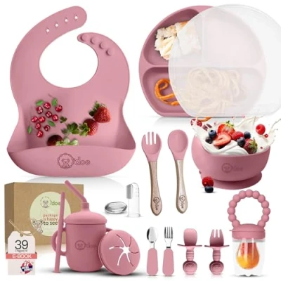 Image of O&#039;doe 17 Piece Baby Led Weaning Feeding Supplies for Toddlers,Baby Set Suction Silicone Bowl Self Eating Utensils with Fruit Feeder, Cup, Bibs, Food Plate Kit Lid Pink V2