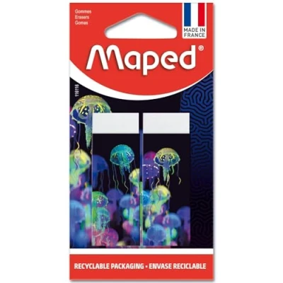 Image of Maped Set of 2 White Erasers Deepsea Paradise Dust Free School PVC and Phthalate Decorated Sheath Made in France